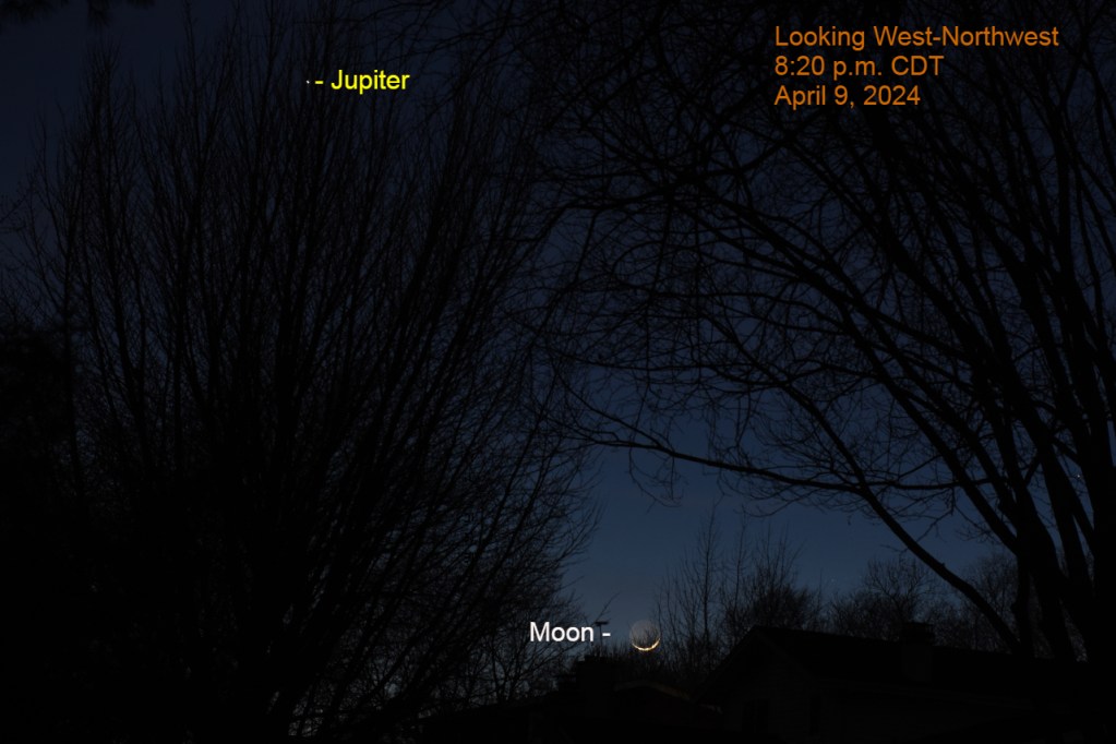 2024, April 9: Jupiter and crescent moon after sunset.